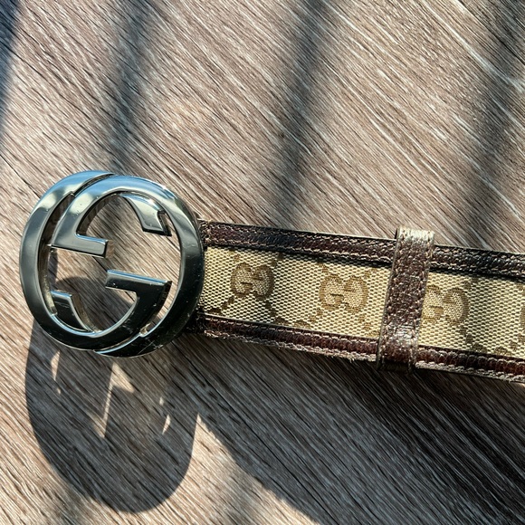 Gucci Mens GG Supreme Canvas Interlocking G Belt Brown Silver 114876 Size 95 38
